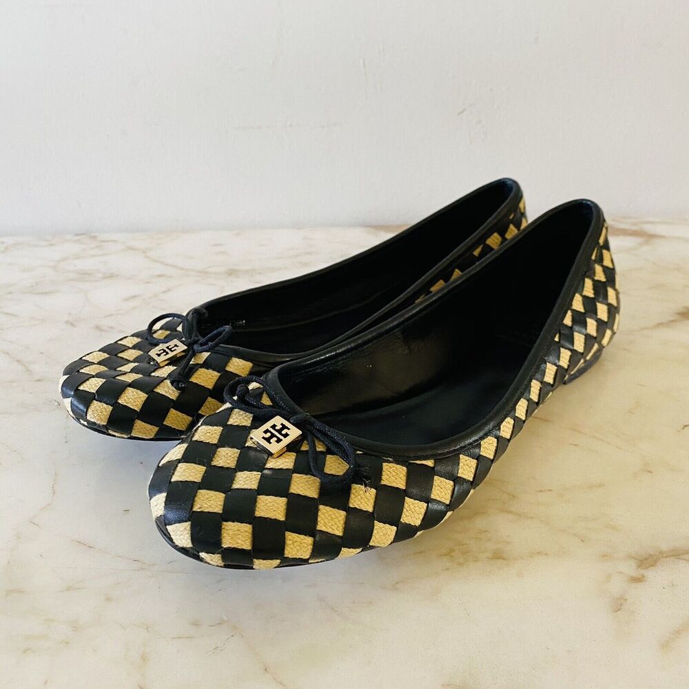 TORY BURCH Black Yellow Woven Ballerina Flats Bow Accent - US 7.5